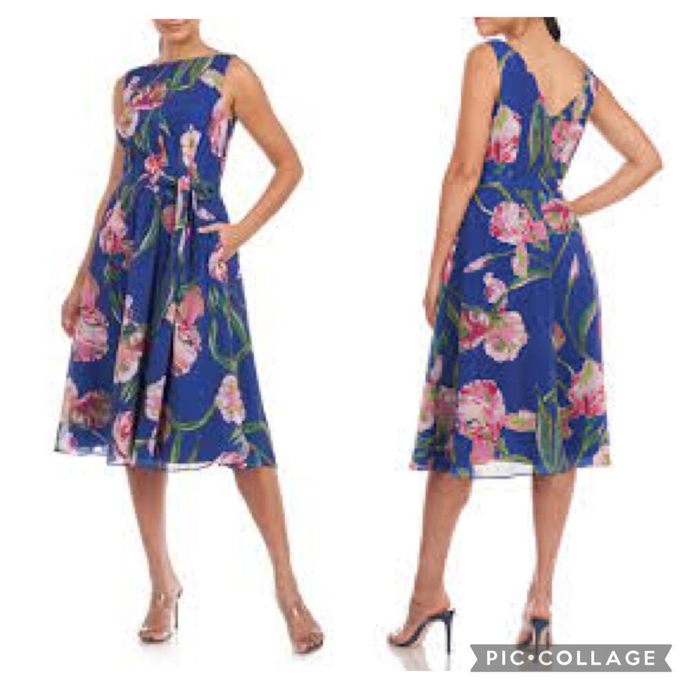 New KAY UNGER Ali Floral Midi Cocktail Wedding Guest Dress Surf Blue Sz 10